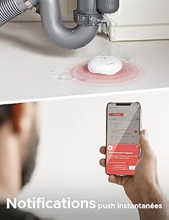 X-Sense Détecteur de Fuite d'eau Connecté avec Station de Base SBS50, Détecteur d'eau Wi-FI avec Alarme 110 DB, Portée Jusqu'à 500 m, Idéal pour Cuisines, sous-sols, Salles de Bains, SWS55