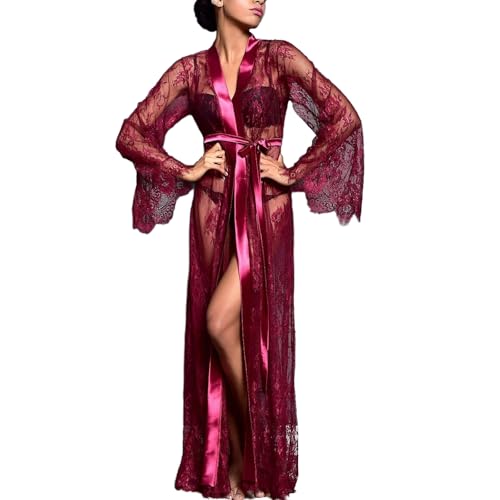 BIGFOX Women’s Sexy Lace Robe Kimono Lingerie Babydoll Bathrobes Chemise Bridal Sheer Nightgowns for Wedding Party Maxi Covers up (US, Alpha, One Size, Regular, Regular, wine red)