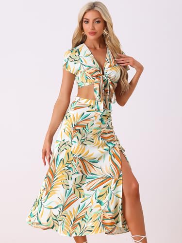Allegra K Tropical 2 Piece Outfits for Women's Wrap Crop Top and Hawaiian Ruched Front Maxi Skirt Set4