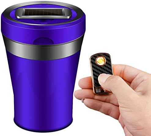 Car Ashtray Detachable Ceramics with Lid Led Light and Removable Lighter Solar Energy and USB Dual Charging for Most Car Cup Holder(4. Purple with Lighter)
