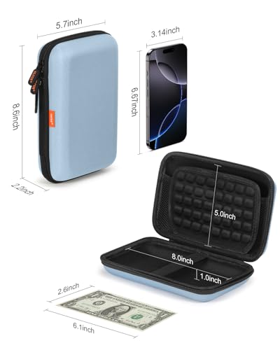 Shockproof Hard Shell Carrying Case - Light-Blue Case for External Hard Drive, Power Bank, Charger, Cable, Cell Phone, Electronic Accessories - Larger Capacity Storage Pouch Portable Travel Bag