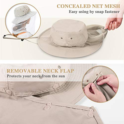 Image of Palmyth Head Net Hat, Sun Hat Safari Hat | UPF 50+, Removable Neck Flap, Water-Repellent, Wide Brim, Adjustable Chin Strap for Fishing and Gardening