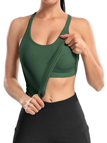 Image of ATTRACO Ribflex Ribbed Workout Crop Tops with Built in Bra for Women Yoga Racerback Tank Top Slim Fit