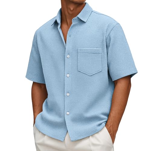 Mokaloha Mens Shirts, Men's Loose Casual Waffle Solid Color Button Short Sleeve Shirt2