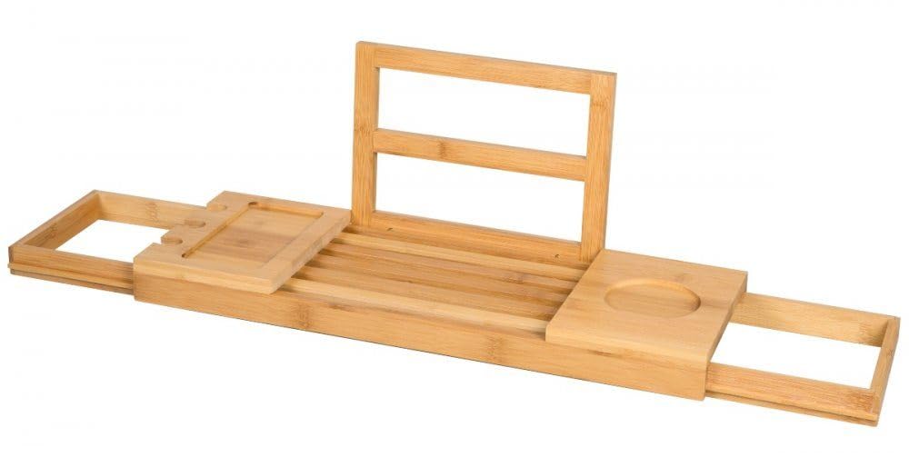 Alpina Salle de Bain Planche Bois - Plateau de Bain 50-​92 x 18 x 4 cm - Decoration Salle de Bain Bambou avec Support de Livre et Porte-​Tablette - INCL. Porte-​Gobelets, Marron