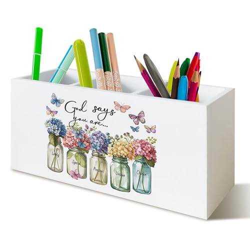 YTRGI Christian Office Decor, Christian Pen Holder for Office Desk Decor, Hydrangea Bible Verse Wooden Pencil Holder Sign Organizer for Desk, Inspirational Hydrangea Gifts for Women Men