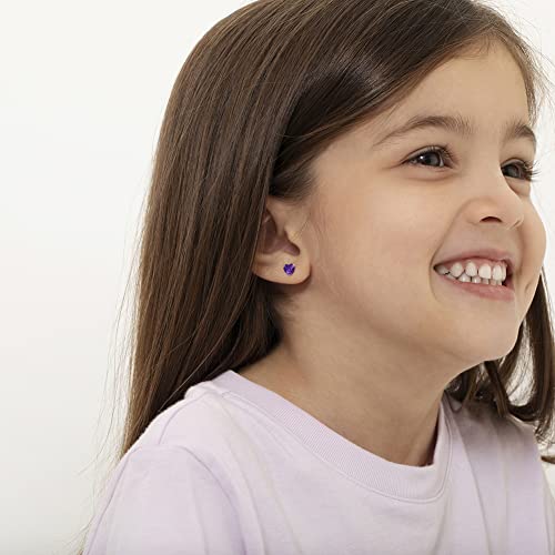 14K Yellow Gold 5Mm Simulated Amethyst Birthstone Screw Back Earrings For Baby Girls & Toddlers - Lovely Violet Cz Heart Studs For Little Girls - Fashionable Small Stud Earrings For Children #TOP1