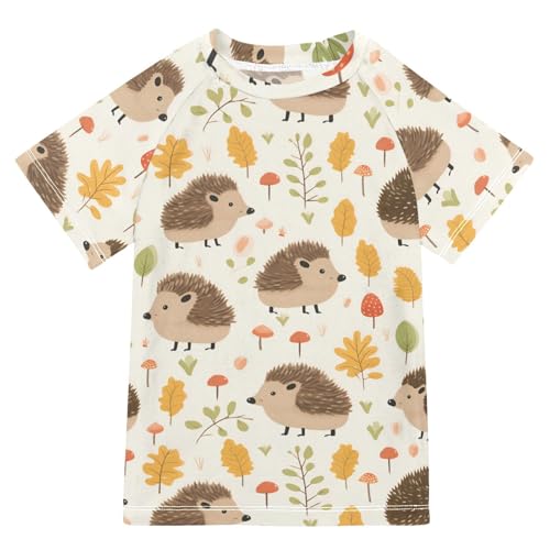 ALAZA Kids Rash Guard Boys Toddler Swim Shirts Short Sleeve Hedgehog Leaf UPF 50+ 3T