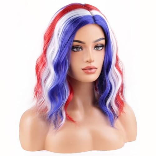 Image of BERON 4th of July Wigs for Women Short Curly Wavy Red White Blue and Mixed Wavy Wig Girls Flag Wig Heat Resistant Synthetic Costume Independence Day Cosplay Party Wigs