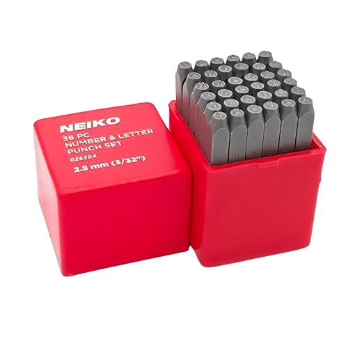 Image of NEIKO 02630A Number and Letter Punch Set with Heat-Treated Steel Punches, Imprinting & Arts and Crafts, 3 /32 inch (2.5MM) Shaft, 36 Pc Stamp Set, Uppercase Letter & Number Punch Set (A-Z / 0-8 / inch& inch)