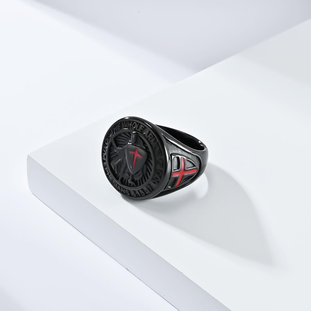 Knights Templar Put On The Whole Armor of God Ephesians 6:13-17 Red Cross Design Mens Stainless Steel Christian Signet Black Ring
