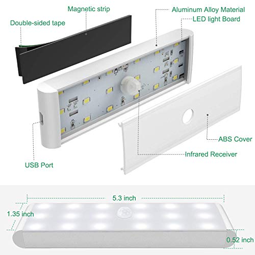 LED Closet Light,18-LED Dimmer USB Rechargeable Motion Sensor Closet Light Under Cabinet Wireless Stick-Anywhere Night Light Safe Bar with 600mAh Battery for Stairs,Wardrobe,Kitchen,Hallway (1 Pack)
