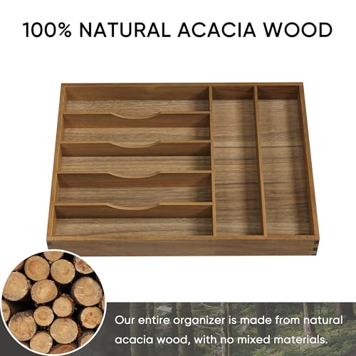 Smuxee Acacia Wood Kitchen Silverware Drawer Organizer, 7 Compartment Utensil Holder, Kitchen Drawer Divider for Silverware and Kitchenware - Image 4