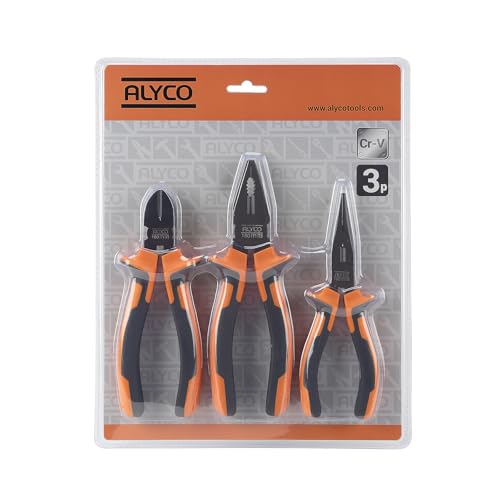 Alyco Orange - Juego de Tres Alicates, Universal de 180 mm, Boca semiredonda de 160 mm y Corte diagonal de 160 mm, Teflonados - 170528