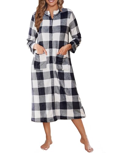 Ekouaer Women Zipper Robe Fleece Long Sleeves Bathrobe Sleepwear Warm Soft Housecoat with Pockets Zip Up House Dresses