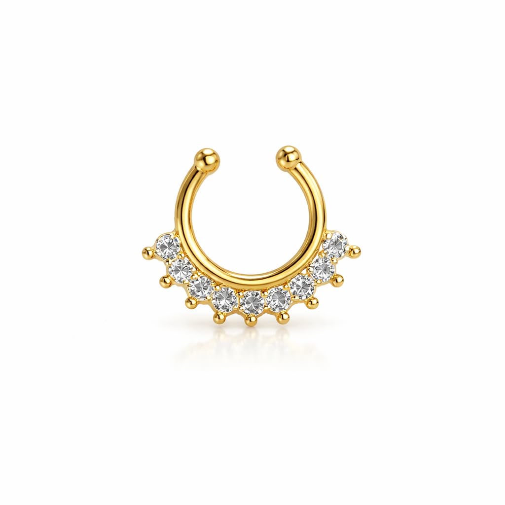 Gold Plated Crystal Studded Nose Ring for Women & Girls, Traditional Non-Piercing Clip-On Nath, Cz Diamond Look Pin, Smooth Shiny Finish-image-46