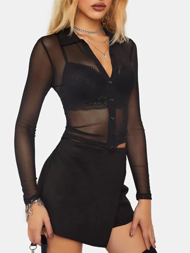 ZANZEA Women's Sexy Mesh Shirt Sheer Button Up Blouse See Through Long Sleeve Crop Top3