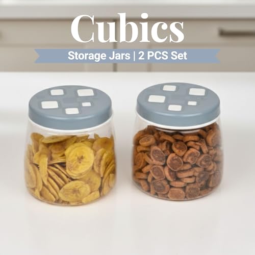 Image of FLAIR Cubics Airtight Food Storage Containers Set of 2 (1000ml each) with Spoon - Blue, BPA-Free, PET Plastic Jars, Space-Saving for Pantry, Snacks