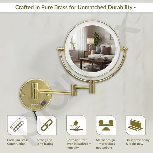 Image of Plantex Brass and 304 Stainless-Steel Magnifying Mirror with LED /Wall Mount Makeup Mirror with Light /Zoom Mirror- 5x /1x Magnification (8 Inch-Gold)