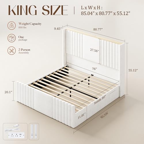 Image of King Size Bed Frame with 55.1 inch Tall Headboard, Velvet Upholstered Platform Bed with Channel Tufted Wingback, 2 Reading Lights /Storage Shelf /Charging Station /Easy Assembly /Noise-Free, Cream