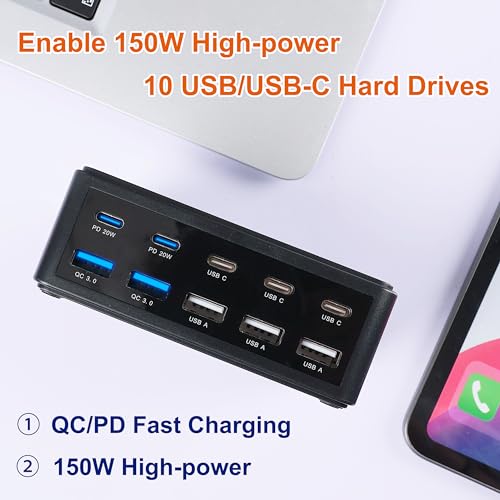 150W 10-Port USB Charger - Fast Multi Port USB 10-Ports Charging Hub with Switch Control - Compatible with iPhone 15/14/13/12, Galaxy S23/S22/S21, Note 20 Ultra and More - Image 3
