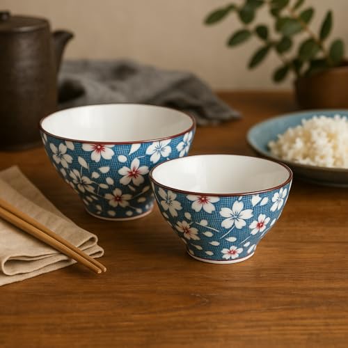 Image of Lellow Premium Ceramic Bowl Set of 4 - Handcrafted Blue Floral Print Bowls for Soup, Noodles, Snacks & Desserts - Microwave & Dishwasher Safe, 300ml