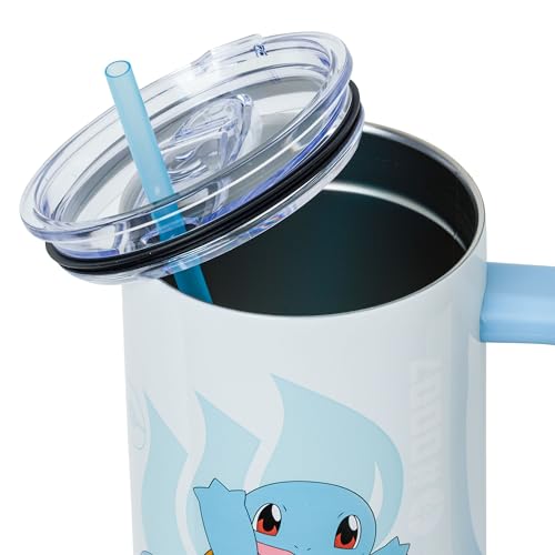 Image of Silver Buffalo Pokemon Featuring Squirtle Double Walled Stainless Steel Tumbler with Handle and Straw, Fits in Standard Cup Holder, 40 Ounces
