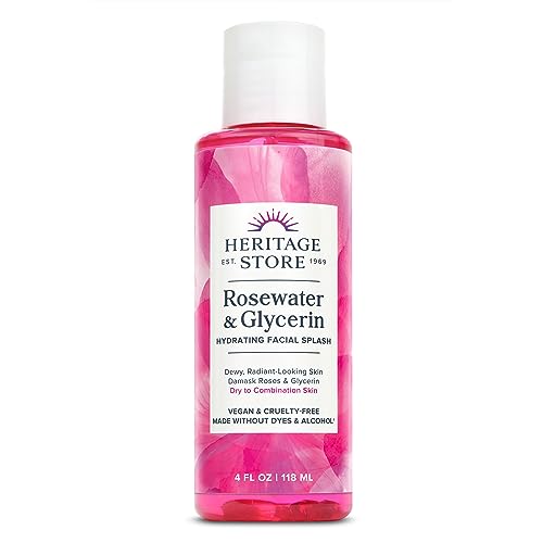 Heritage Store Rosewater & Glycerin Hydrating Facial Splash for Dry Combination Skin Care, Rose Water with Vegetable Glycerine for Dewy, Radiant Skin, Made Without Dyes or Alcohol, Vegan, 4oz
