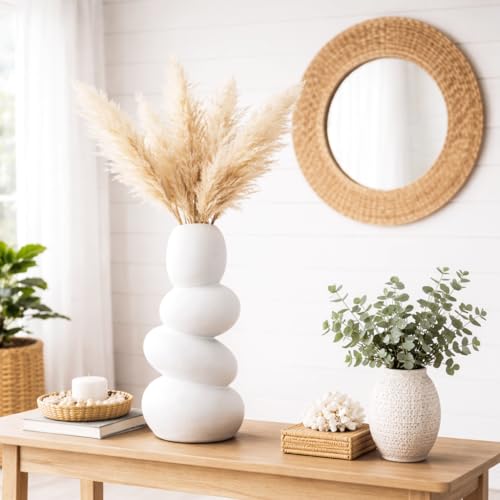 Image of Ceramic Stone Vase 7 Inch White Pebble Bubble Design Flower Vase for Pampas Grass, Dried Flowers & Plants, Modern Decorative Vase for Home, Table, Living Room Decor & Gifting