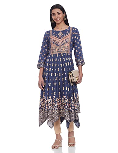Image of Max Women Rayon Regular Fit Printed Round Neck Asymmetric Regular Kurta