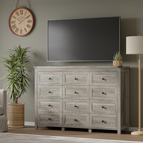 Image of BORNOON 12-Drawer Dresser, Modern Wooden Storage Chest of Drawers, Dresser TV Stand, Wood Drawer Organizer with Metal Handles for Bedroom, Living Room, Hallway