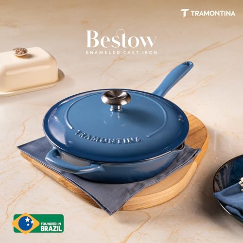 Image of TRAMONTINA Bestow Fry Pan 30 cm with Lid | Enameled Cast Iron Cookware | Even Heat Retention | Low Oil Healthy Cooking | No Seasoning Required | Stainless Steel Knob | All Cooktops Compatible | Blue