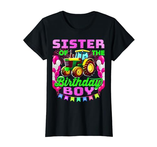 Camiseta de fiesta de tractor de granja para niños con texto en inglés "Sister of Birthday" Camiseta