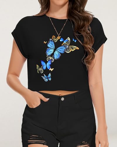 Image of Womens Crop Tops Summer Roll Cap Sleeve Cropped Tshirt Loose Fit Basic Tees