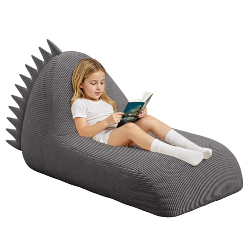 MeMoreCool Cord Sitzsack Kinder Dinosaurier von 8–12 Jahren, großer Sitzsäcke mit Füllung, großer Lounge-Sitzsessel für Kuschelecke Kinderzimmer, gemütliche Bodenliege für Mädchen und Jungen, Grau