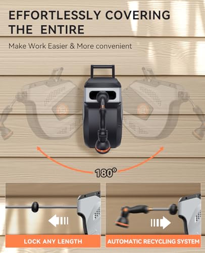 SUNPOW Retractable Garden Hose Reel - 1/2 inch x 50ft Wall Mounted Hose Reel with 3/4 inch Brass Fitting & 10 Function Sprayer Nozzle - Any Length Lock, Auto Rewind System, 180°Swivel Bracket - Grey