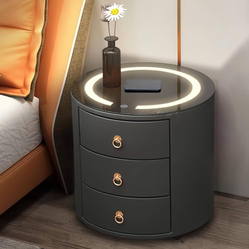 CLIPOP Rund Nachttisch mit Ladestation und LED Licht Intelligenter Beistelltisch Couchtisch Kunstleder Sofatisch mit 3 Schubladen und Gehärteter...