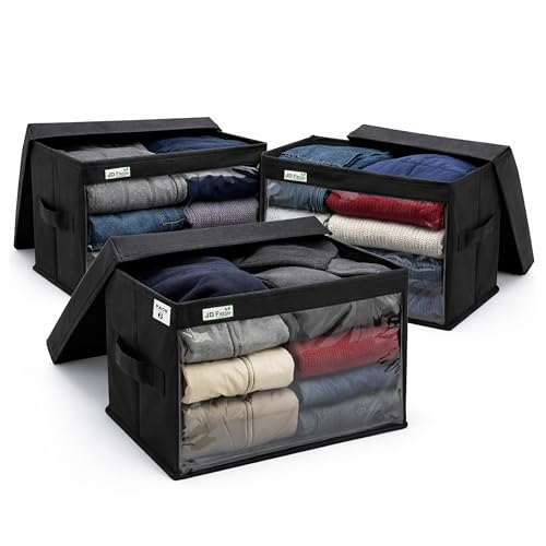 Image of JD Fresh Foldable Cloth Cover Storage Box With Lid /Wardrobe Clothes Organizer /Storage Basket /Space Saving Storage /Collapsible Clothes Organizer /Cupboard Storage Box for Shirts, Pants (Black Pack of 6)