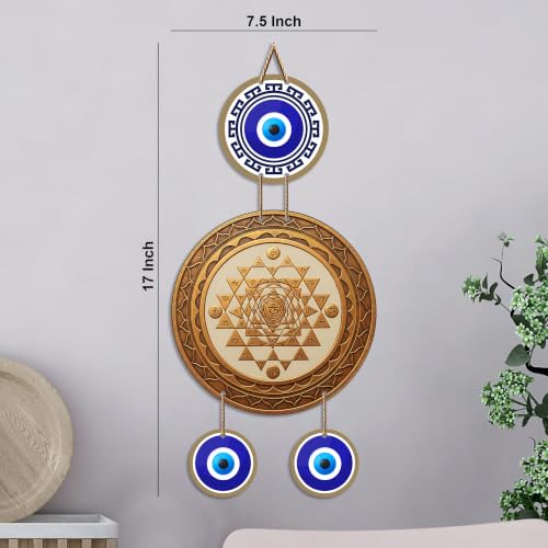 Image of Artvibes Wooden Sri Yantra Evil Eye Wall Hanging Decor for Home and Office | Sacred Vastu Energy Balancing Ornament | Spiritual Wall Accent for Entrance and Gift Giving (WH 85137N)