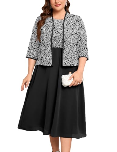 ZOMVA Plus Size Sparkly Mother of The Bride Dresses with Jacket 2 Piece Chiffon A-Line Dress Wedding Guest Formal, Silver & Black, 2X