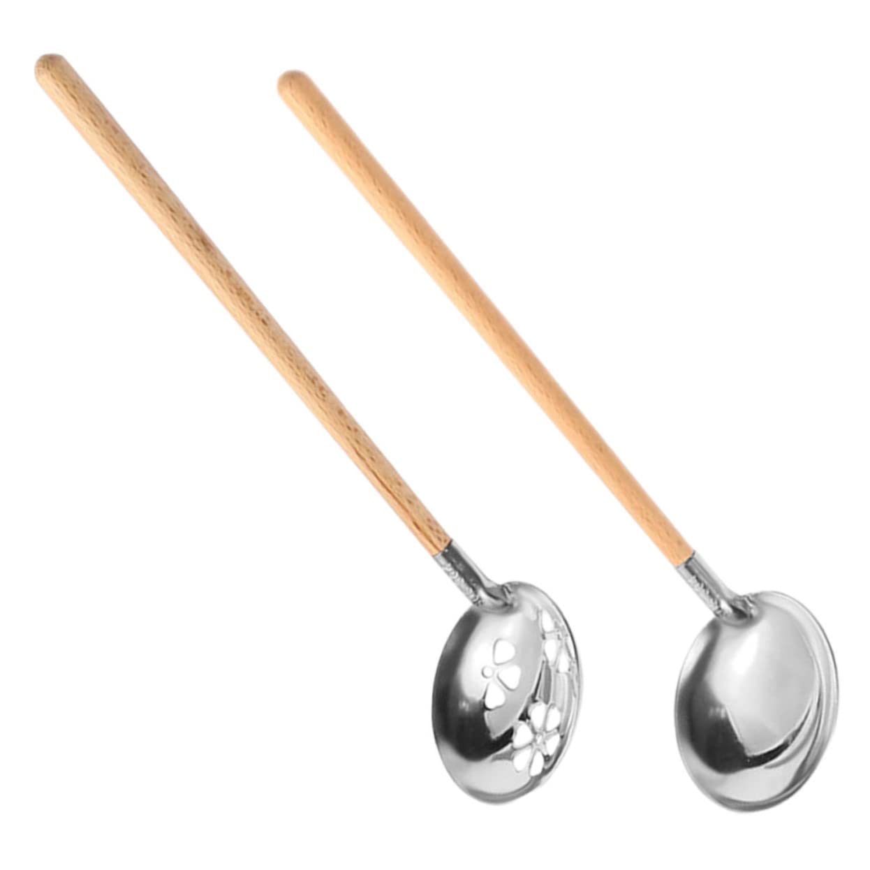 Ciieeo Ergonomic Wooden Handle Soup Spoon Stainless Steel Slotted Serving Spoon Set of 2 Safe Easy to Clean