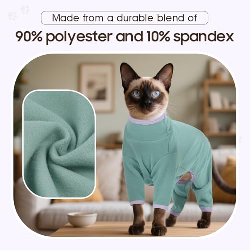 DENTRUN Cat Clothes for Hair Control with Hair Sticky Fabric - Soft Recovery Suit & Breathable Lint-Resistant Cat Sweater for Cats Only, Kitten Onesie Pajamas, S, Bean Green - Image 3