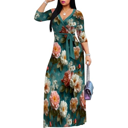 Image of Women Plus Size Long Sleeve V Neck Maxi Dress with Belt | Soft fabric relaxed fit three quarter sleeve v neck with pockets for party and daily wear