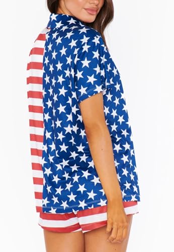 Image of Argeousgor Women 4th Of July Pajama Sets American Flag Short Sleeve Shirt and Shorts 2 Piece Independence Day Pajamas Set