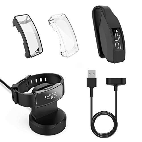 for Fitbit Inspire & Inspire HR Smartwatch Accessoory Kit, 5-in-1 Pack Includes Charger Stand, 3.3ft Charging USB Cable, Clip Holder and 2pcs Full Coverage Scratchproof Protective Case