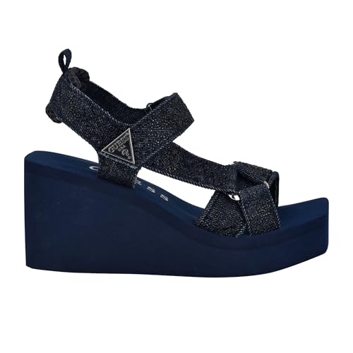 Image of Guess Women's DAWSIN Wedge Sandal, Black Denim Rhinestone Logo 400, 10
