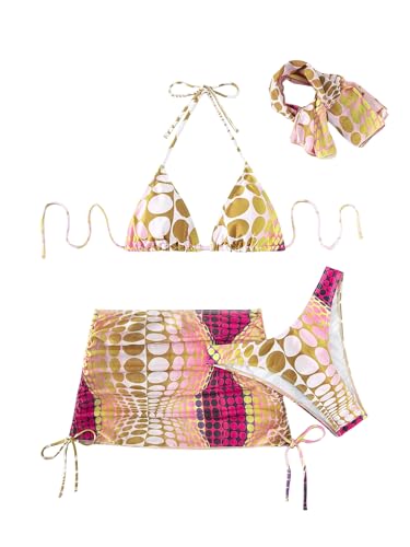 Image of RoseSeek Women's 4 Piece Polka Dots Bathing Suits Cover Up Skirt & Bandana | Halter Bikini Sets, Sexy Bathing Suit, Beach Skirt, Leopard, Paisley, Tropical, Summer