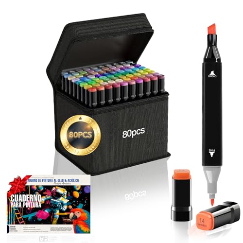 RUAGUMO® SUPER PACK 80 Rotuladores Alcohol PREMIUM + CUADERNO REGALO Para Practicar | Marcadores Alcohol Doble Punta | 2s De Secado | Alcohol Markers | Canetas Ideal Para Profesionales y Principiantes