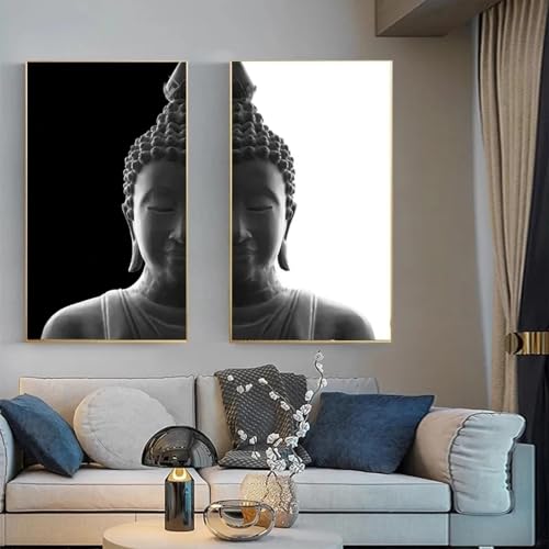 Toile Bouddha noir et blanc grand format pour salon zen KEBIA