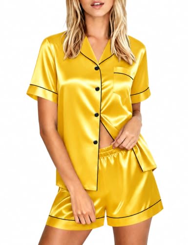 Image of LecGee Womens Silk Satin Pajamas Short Sleeve Loungewear Two-Piece Sleepwear Button-Down Pj Set